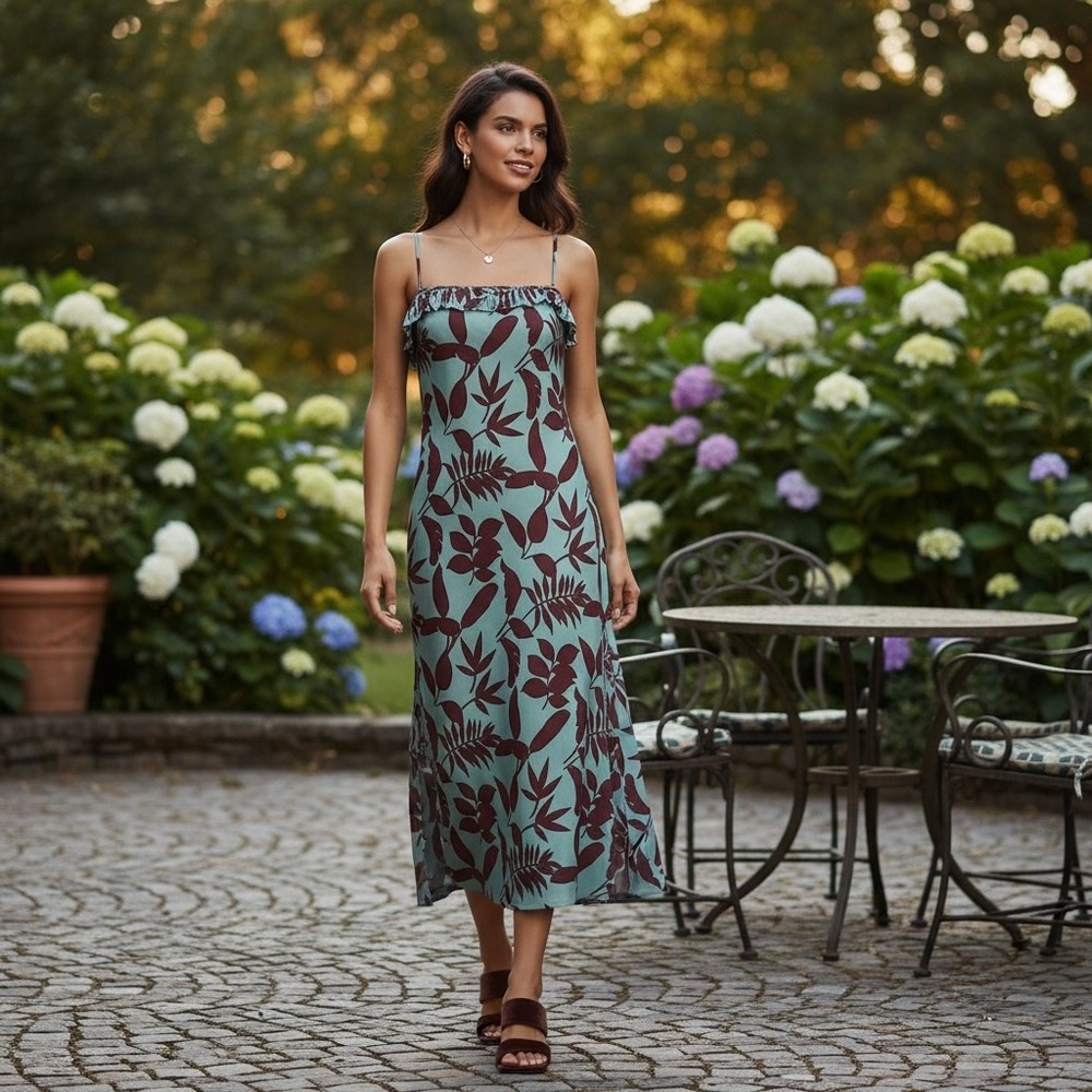 Anthropologie Teal Burgundy Tropical Leaf Print Midi Slip Feminine Dress XS‎